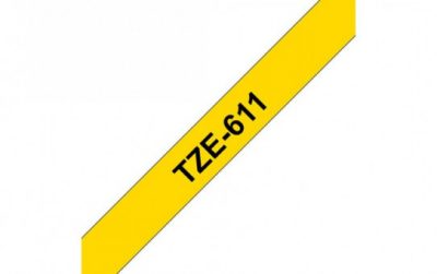 קלטת שחור על צהוב 6 מ"מ מקורי Brother TZE611  למינציה דביק סטנדרטי